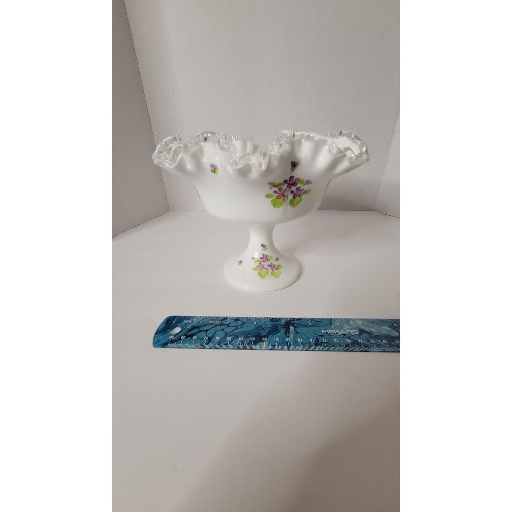 Vintage Hand Painted Fenton Silver‎ Crest Violets In The Snow Compote Signed